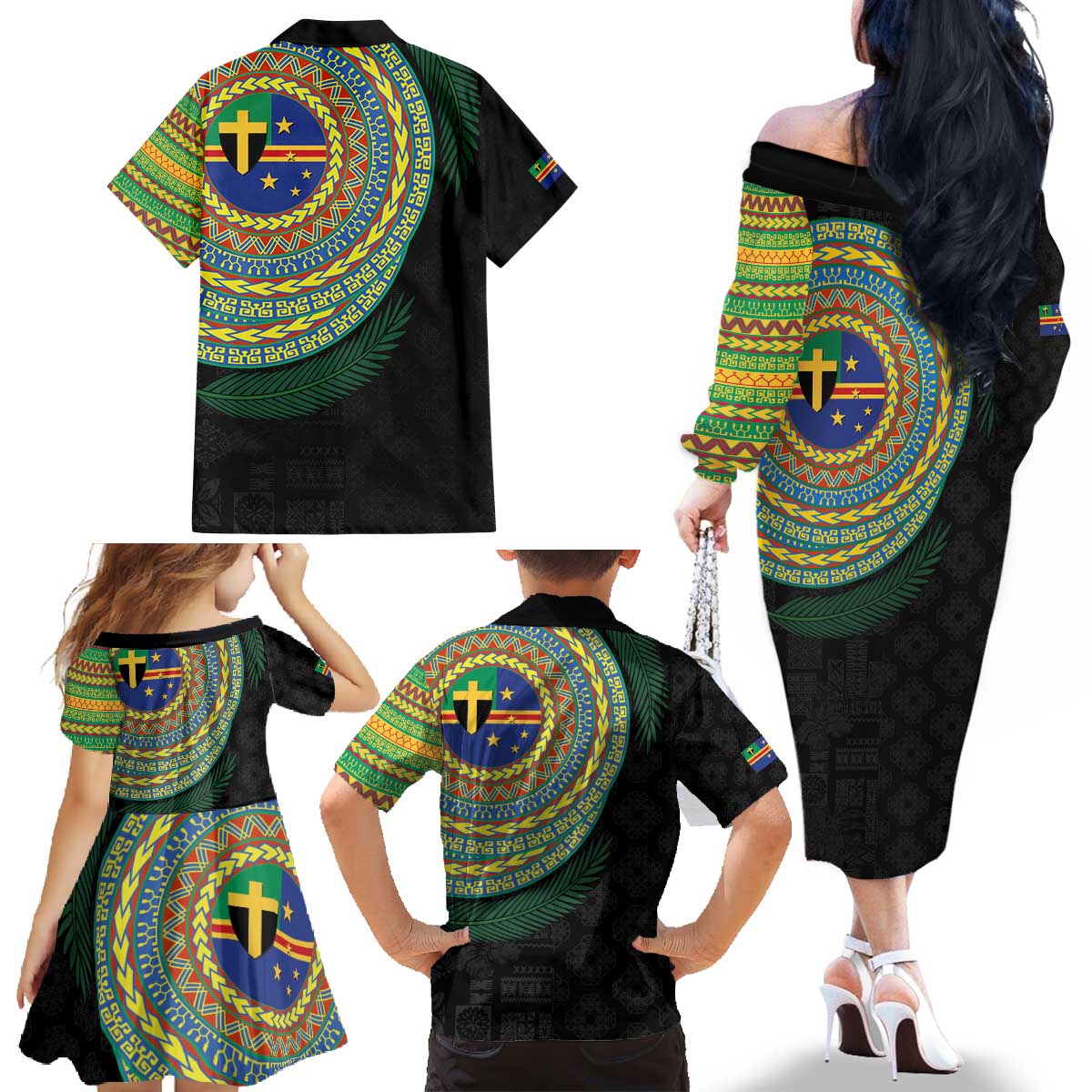 Tafea Tribal Tattoo with Namele Leaves Family Matching Off The Shoulder Long Sleeve Dress and Hawaiian Shirt LT03 - Polynesian Pride