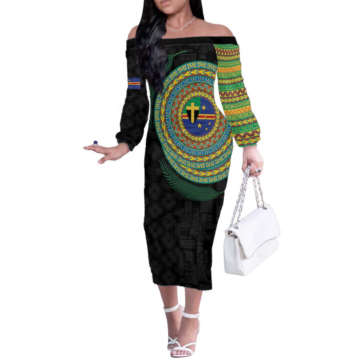 Tafea Tribal Tattoo with Namele Leaves Family Matching Off The Shoulder Long Sleeve Dress and Hawaiian Shirt LT03 Mom's Dress Black - Polynesian Pride