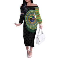 Tafea Tribal Tattoo with Namele Leaves Family Matching Off The Shoulder Long Sleeve Dress and Hawaiian Shirt LT03 Mom's Dress Black - Polynesian Pride