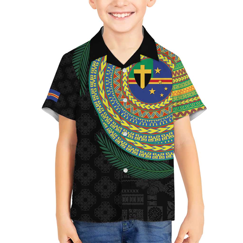 Tafea Tribal Tattoo with Namele Leaves Family Matching Off Shoulder Maxi Dress and Hawaiian Shirt LT03 Son's Shirt Black - Polynesian Pride