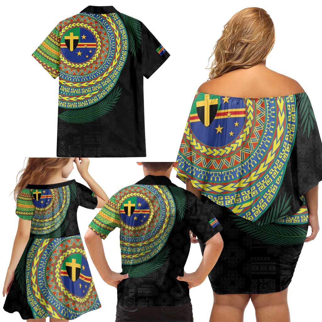 Tafea Tribal Tattoo with Namele Leaves Family Matching Off Shoulder Short Dress and Hawaiian Shirt LT03 - Polynesian Pride