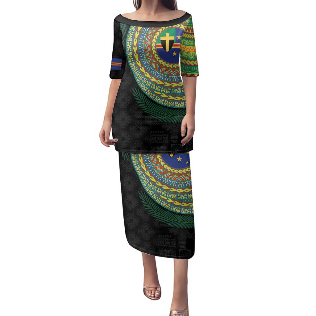 Tafea Tribal Tattoo with Namele Leaves Family Matching Puletasi and Hawaiian Shirt LT03 Mom's Dress Black - Polynesian Pride