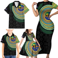 Tafea Tribal Tattoo with Namele Leaves Family Matching Short Sleeve Bodycon Dress and Hawaiian Shirt LT03 - Polynesian Pride