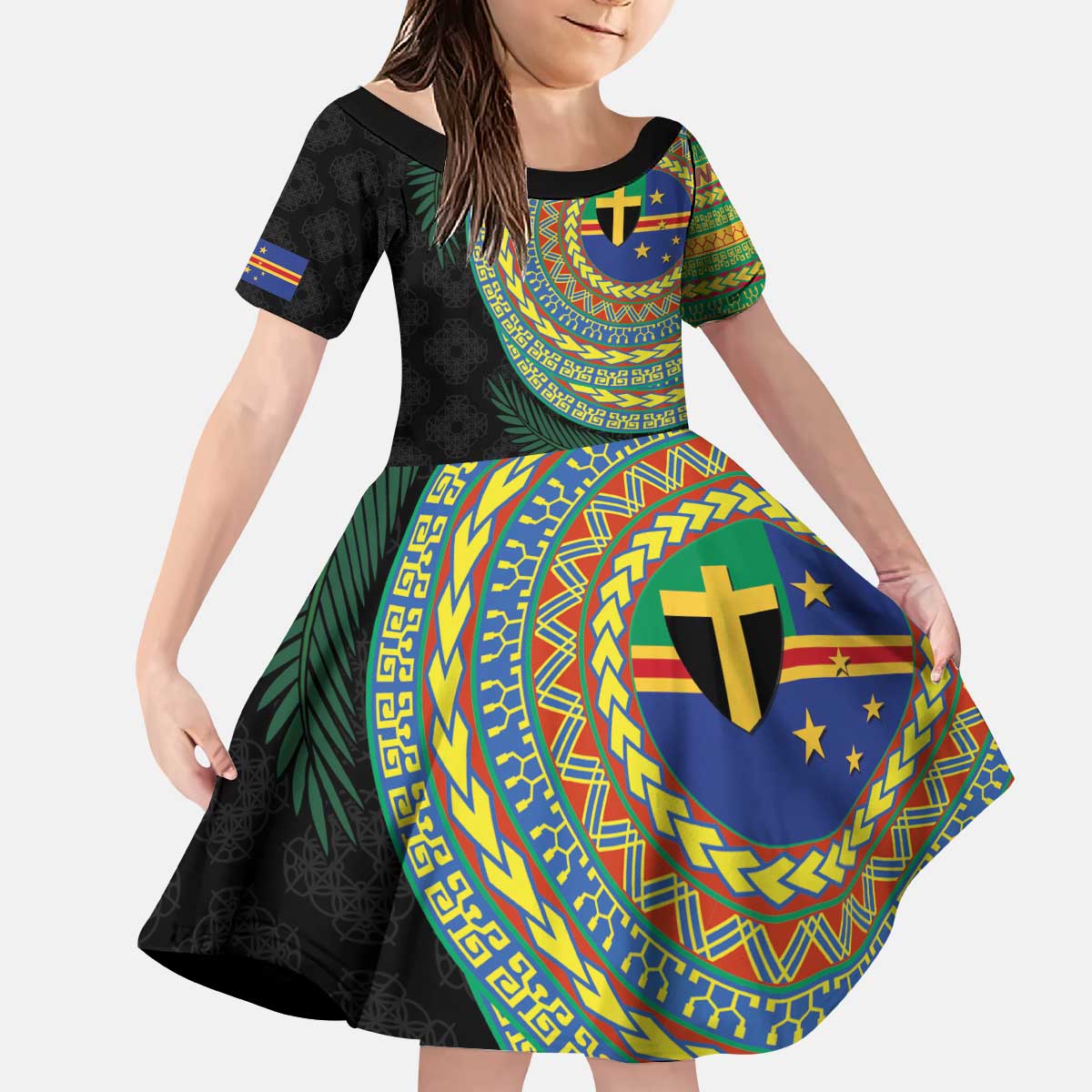 Tafea Tribal Tattoo with Namele Leaves Kid Short Sleeve Dress