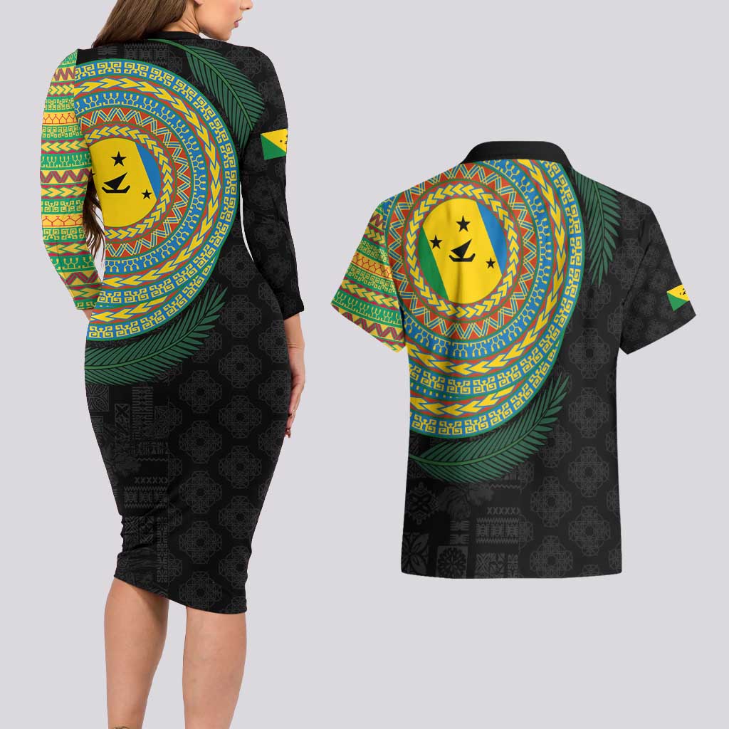 Malampa Tribal Tattoo with Namele Leaves Couples Matching Long Sleeve Bodycon Dress and Hawaiian Shirt LT03 - Polynesian Pride