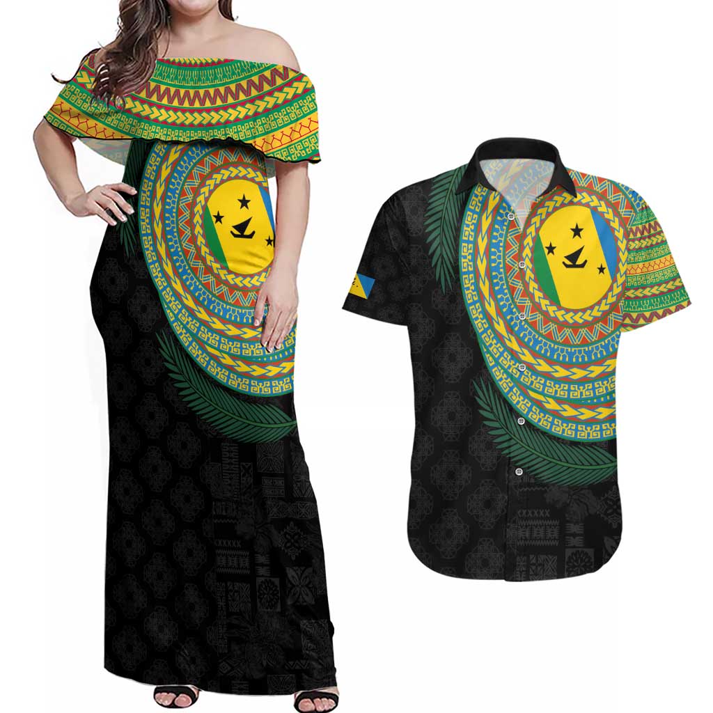Malampa Tribal Tattoo with Namele Leaves Couples Matching Off Shoulder Maxi Dress and Hawaiian Shirt