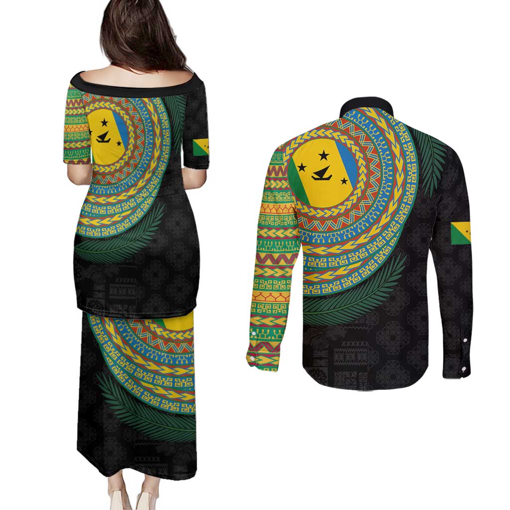 Malampa Tribal Tattoo with Namele Leaves Couples Matching Puletasi and Long Sleeve Button Shirt