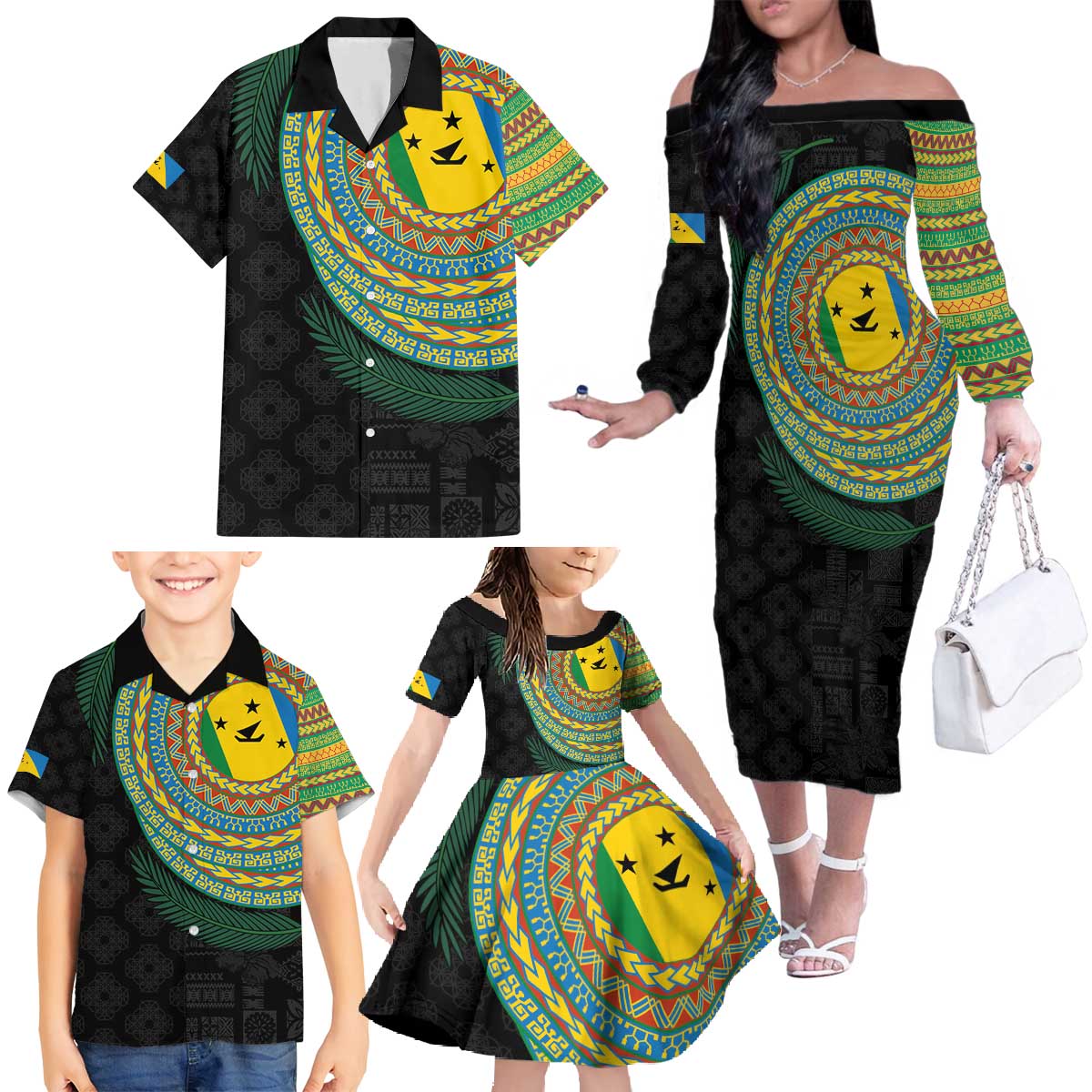 Malampa Tribal Tattoo with Namele Leaves Family Matching Off The Shoulder Long Sleeve Dress and Hawaiian Shirt LT03 - Polynesian Pride