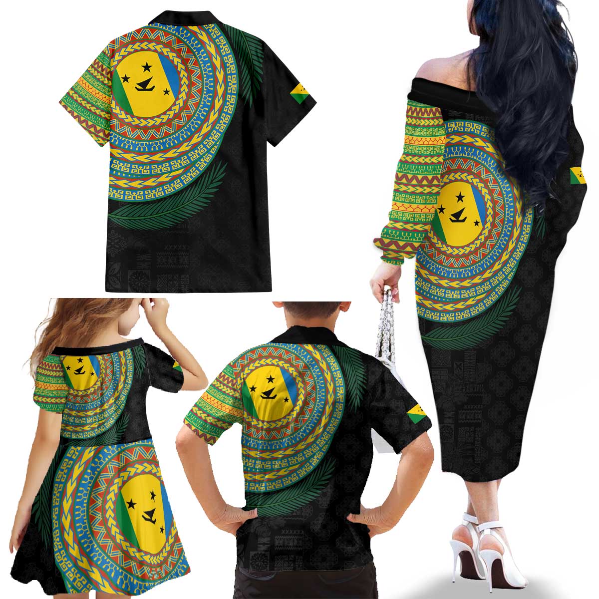 Malampa Tribal Tattoo with Namele Leaves Family Matching Off The Shoulder Long Sleeve Dress and Hawaiian Shirt LT03 - Polynesian Pride