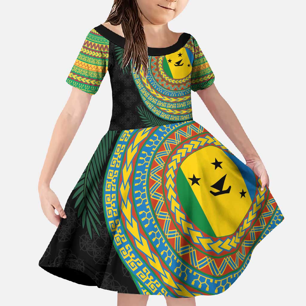 Malampa Tribal Tattoo with Namele Leaves Family Matching Off Shoulder Maxi Dress and Hawaiian Shirt LT03 Daughter's Dress Black - Polynesian Pride