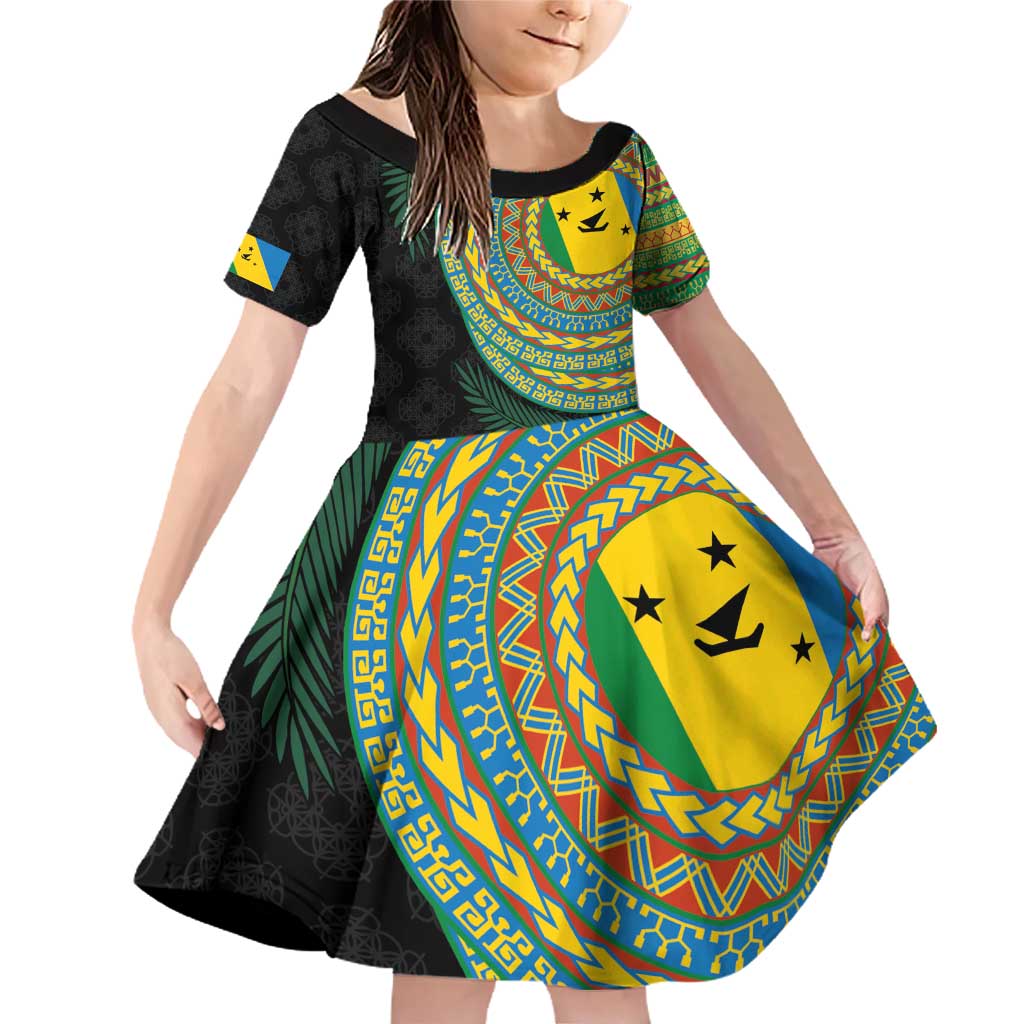 Malampa Tribal Tattoo with Namele Leaves Family Matching Off Shoulder Short Dress and Hawaiian Shirt LT03 Daughter's Dress Black - Polynesian Pride