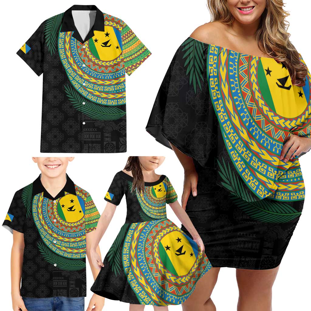 Malampa Tribal Tattoo with Namele Leaves Family Matching Off Shoulder Short Dress and Hawaiian Shirt LT03 - Polynesian Pride