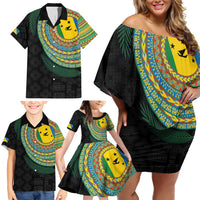Malampa Tribal Tattoo with Namele Leaves Family Matching Off Shoulder Short Dress and Hawaiian Shirt LT03 - Polynesian Pride