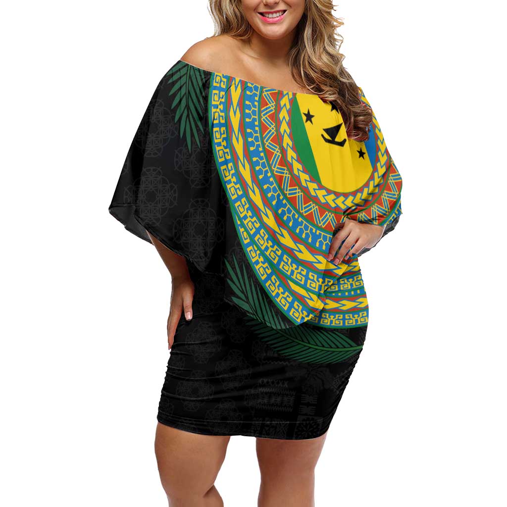 Malampa Tribal Tattoo with Namele Leaves Family Matching Off Shoulder Short Dress and Hawaiian Shirt LT03 Mom's Dress Black - Polynesian Pride
