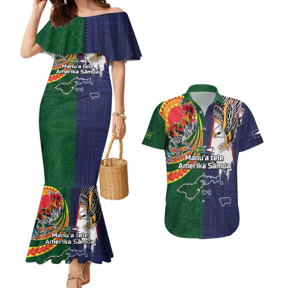 Manuʻa Islands and American Samoa Together Couples Matching Mermaid Dress and Hawaiian Shirt Rooster and Eagle Mascot National Map and Flag Style