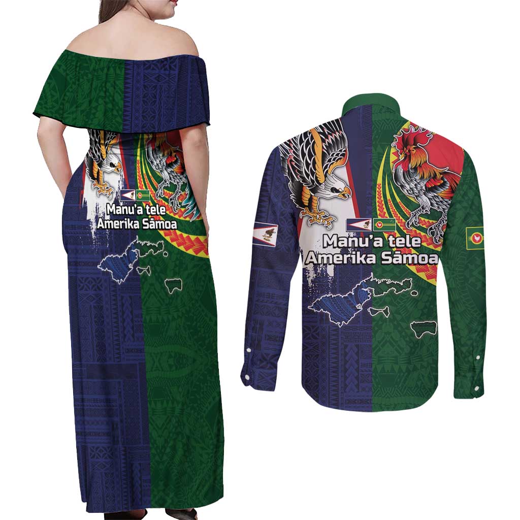 Manuʻa Islands and American Samoa Together Couples Matching Off Shoulder Maxi Dress and Long Sleeve Button Shirt Rooster and Eagle Mascot National Map and Flag Style