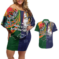 Manuʻa Islands and American Samoa Together Couples Matching Off Shoulder Short Dress and Hawaiian Shirt Rooster and Eagle Mascot National Map and Flag Style