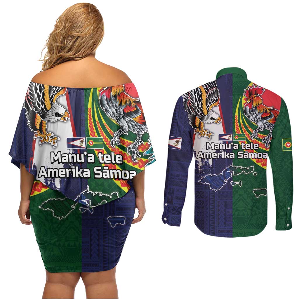 Manuʻa Islands and American Samoa Together Couples Matching Off Shoulder Short Dress and Long Sleeve Button Shirt Rooster and Eagle Mascot National Map and Flag Style