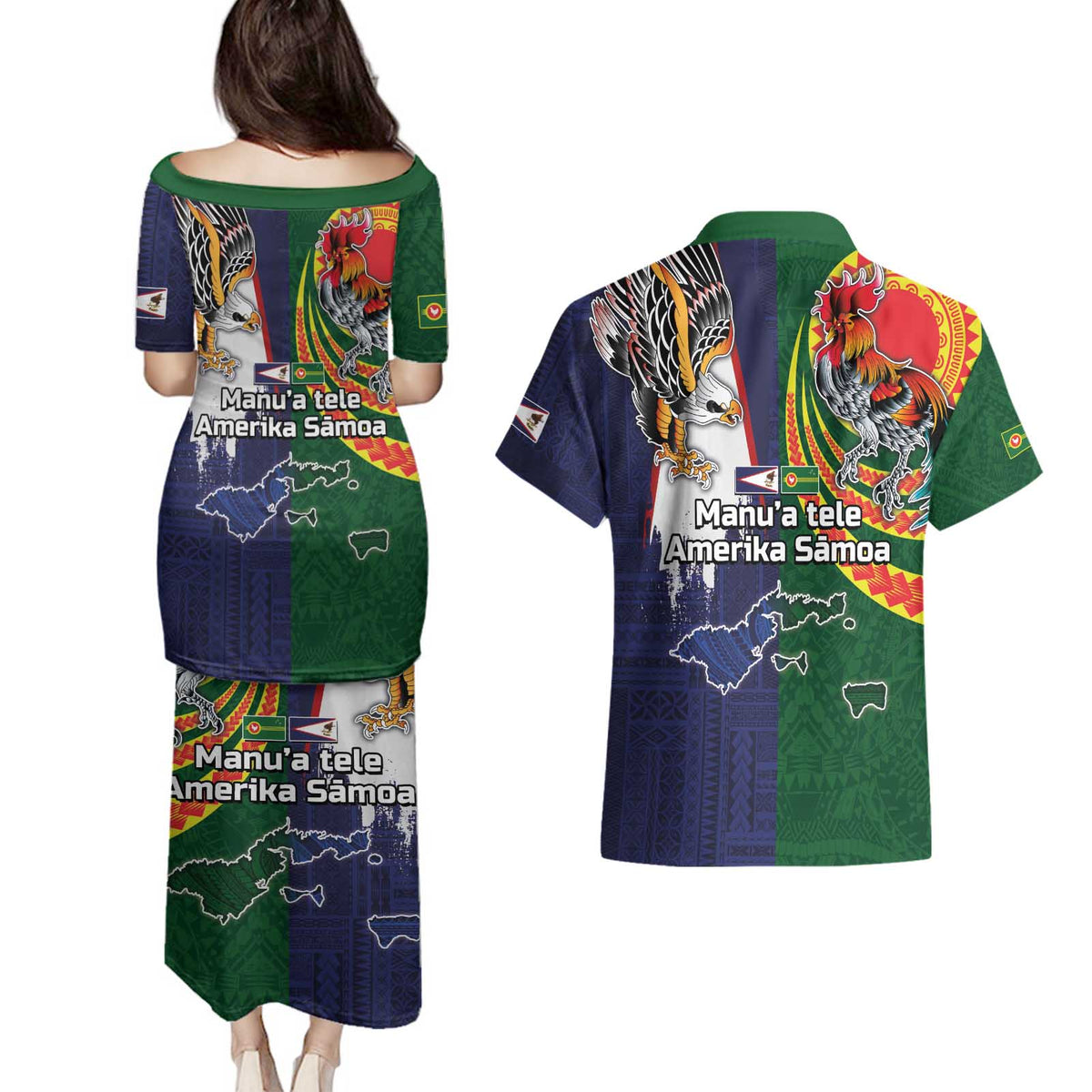 Manuʻa Islands and American Samoa Together Couples Matching Puletasi and Hawaiian Shirt Rooster and Eagle Mascot National Map and Flag Style