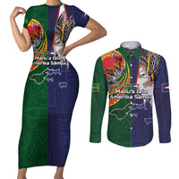 Manuʻa Islands and American Samoa Together Couples Matching Short Sleeve Bodycon Dress and Long Sleeve Button Shirt Rooster and Eagle Mascot National Map and Flag Style