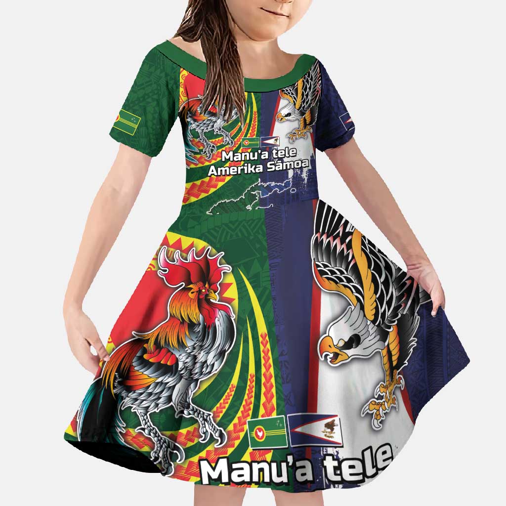 Manuʻa Islands and American Samoa Together Family Matching Long Sleeve Bodycon Dress and Hawaiian Shirt Rooster and Eagle Mascot National Map and Flag Style LT03 Daughter's Dress Green - Polynesian Pride