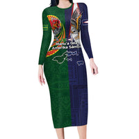 Manuʻa Islands and American Samoa Together Family Matching Long Sleeve Bodycon Dress and Hawaiian Shirt Rooster and Eagle Mascot National Map and Flag Style LT03 Mom's Dress Green - Polynesian Pride