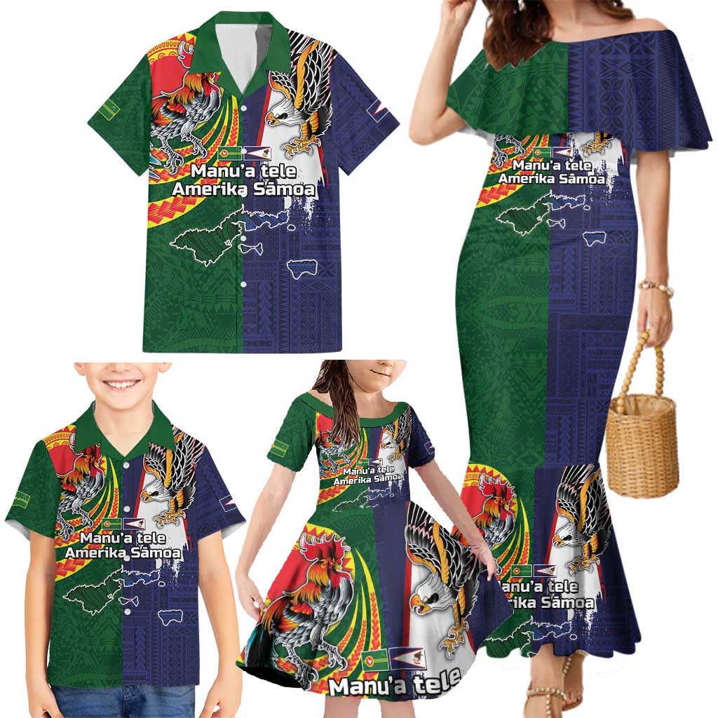 Manuʻa Islands and American Samoa Together Family Matching Mermaid Dress and Hawaiian Shirt Rooster and Eagle Mascot National Map and Flag Style LT03 - Polynesian Pride