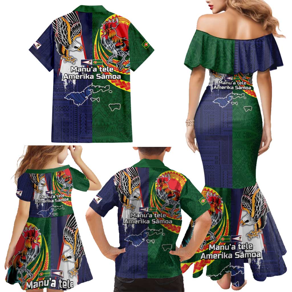 Manuʻa Islands and American Samoa Together Family Matching Mermaid Dress and Hawaiian Shirt Rooster and Eagle Mascot National Map and Flag Style LT03 - Polynesian Pride