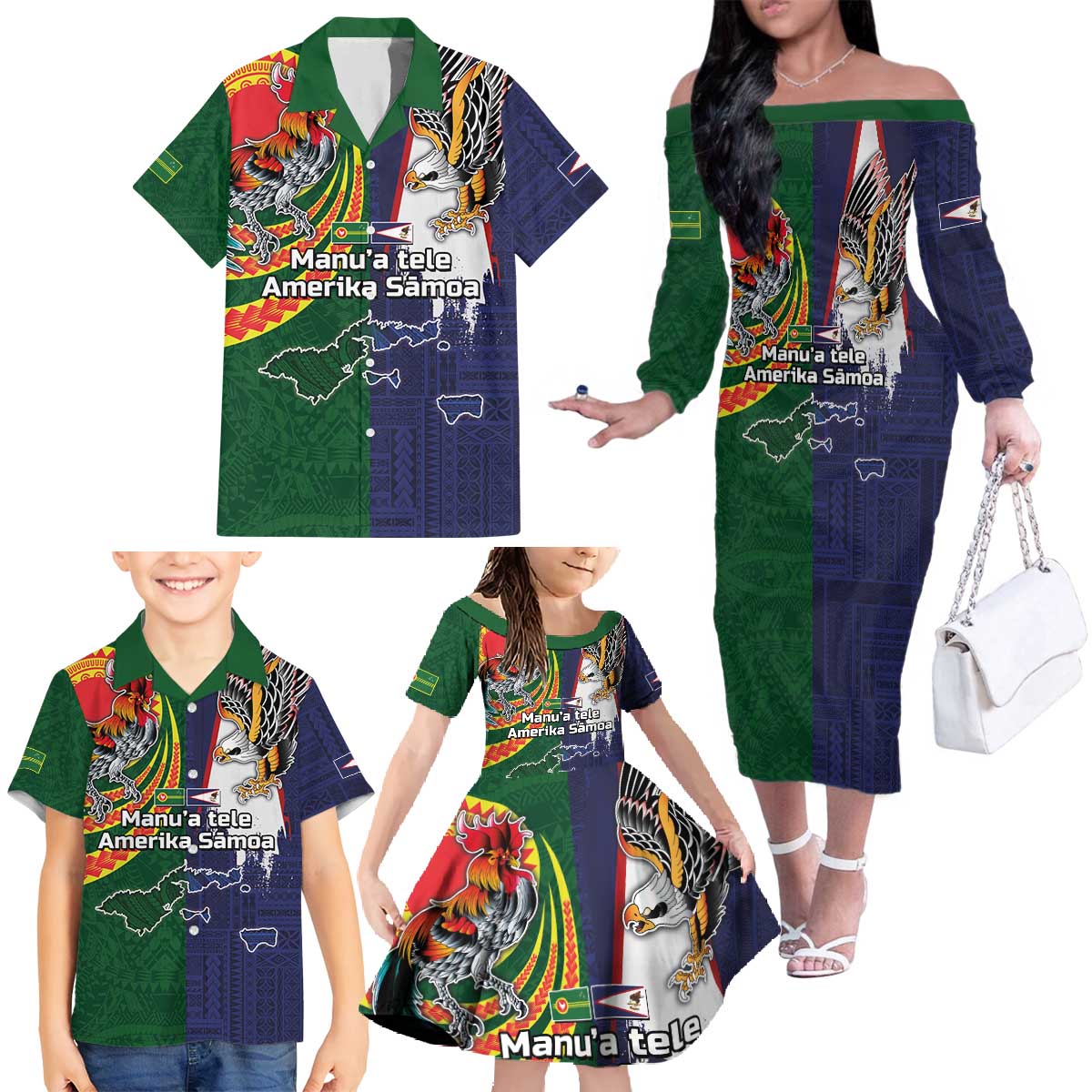 Manuʻa Islands and American Samoa Together Family Matching Off The Shoulder Long Sleeve Dress and Hawaiian Shirt Rooster and Eagle Mascot National Map and Flag Style