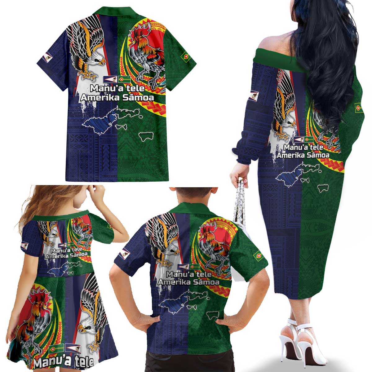 Manuʻa Islands and American Samoa Together Family Matching Off The Shoulder Long Sleeve Dress and Hawaiian Shirt Rooster and Eagle Mascot National Map and Flag Style LT03 - Polynesian Pride
