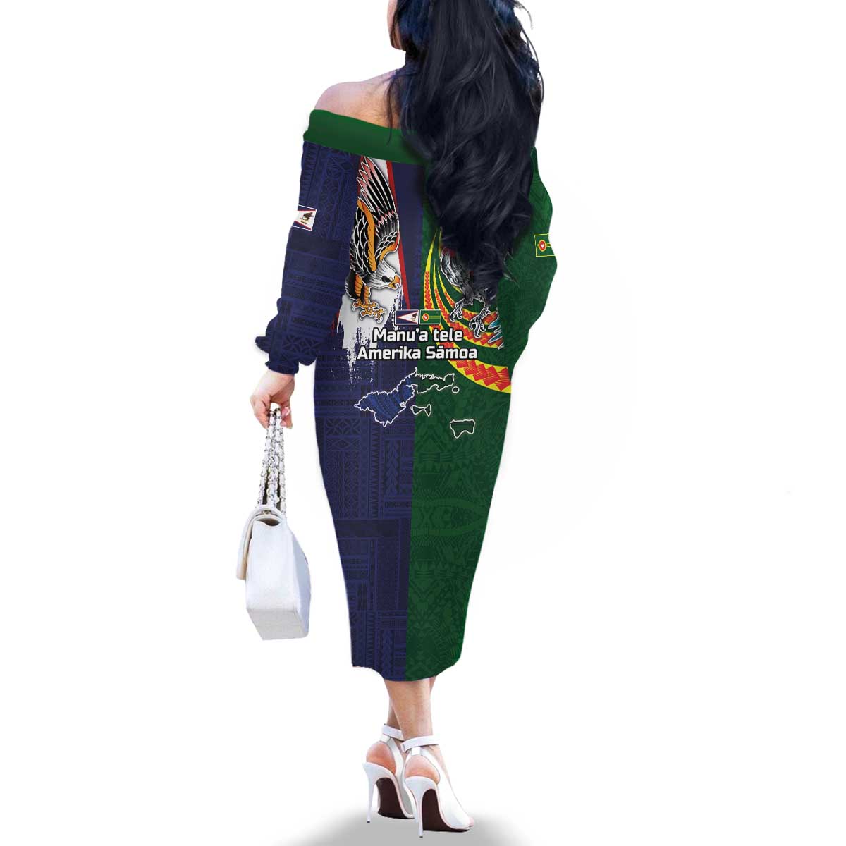 Manuʻa Islands and American Samoa Together Family Matching Off The Shoulder Long Sleeve Dress and Hawaiian Shirt Rooster and Eagle Mascot National Map and Flag Style LT03 - Polynesian Pride
