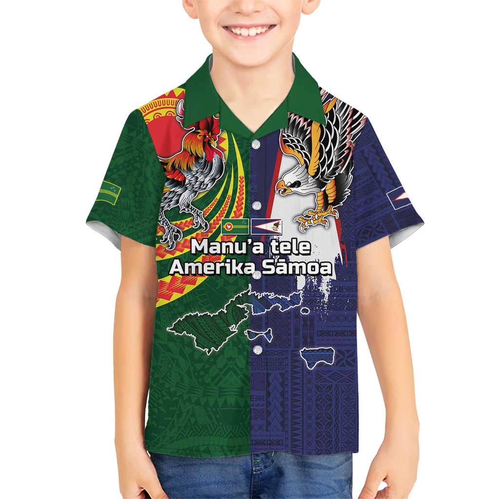Manuʻa Islands and American Samoa Together Family Matching Off Shoulder Maxi Dress and Hawaiian Shirt Rooster and Eagle Mascot National Map and Flag Style LT03 Son's Shirt Green - Polynesian Pride