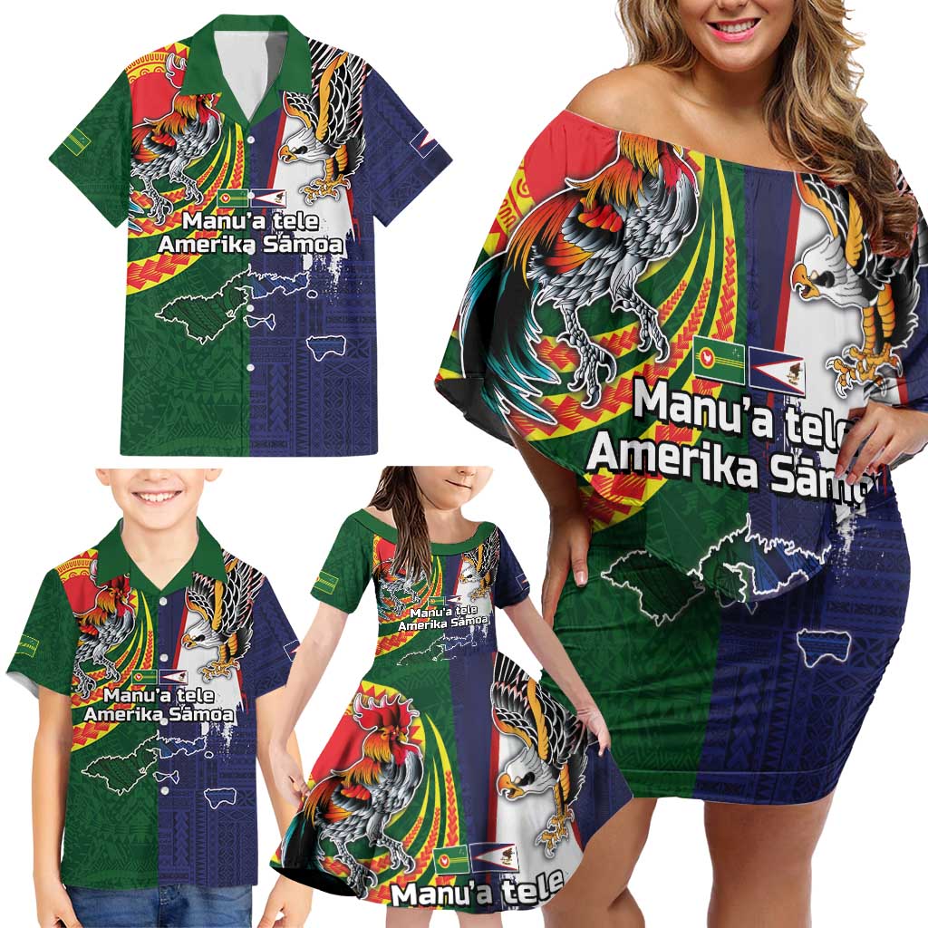 Manuʻa Islands and American Samoa Together Family Matching Off Shoulder Short Dress and Hawaiian Shirt Rooster and Eagle Mascot National Map and Flag Style