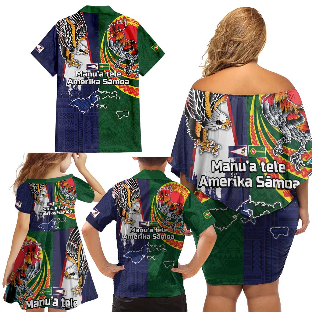 Manuʻa Islands and American Samoa Together Family Matching Off Shoulder Short Dress and Hawaiian Shirt Rooster and Eagle Mascot National Map and Flag Style LT03 - Polynesian Pride