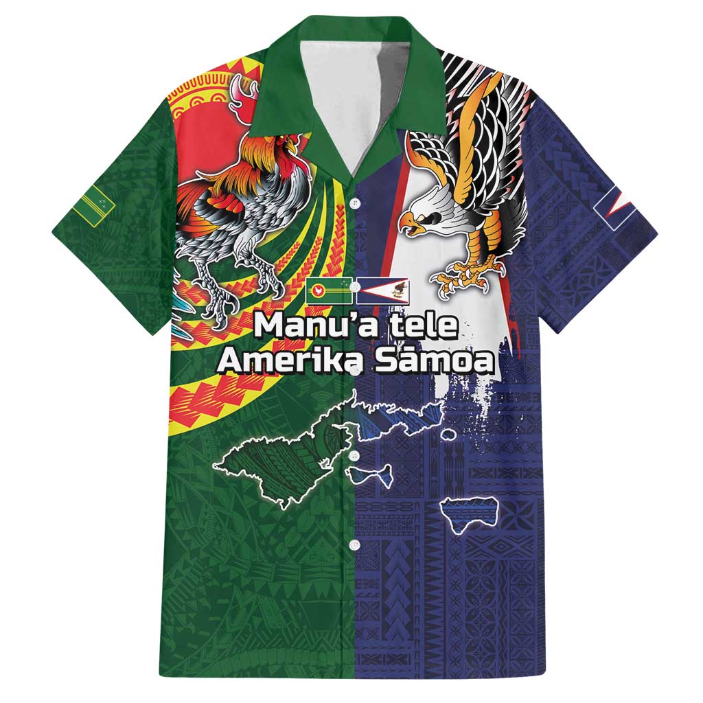 Manuʻa Islands and American Samoa Together Family Matching Off Shoulder Short Dress and Hawaiian Shirt Rooster and Eagle Mascot National Map and Flag Style LT03 Dad's Shirt - Short Sleeve Green - Polynesian Pride