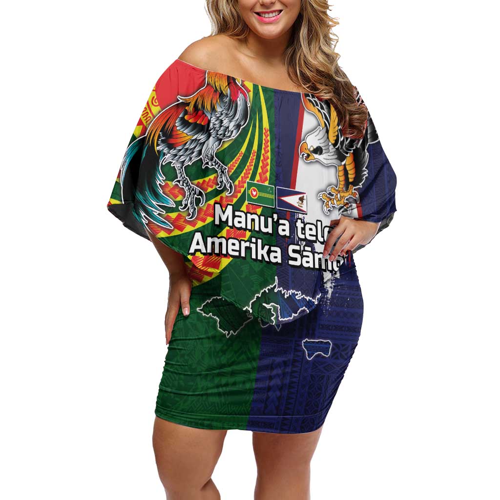 Manuʻa Islands and American Samoa Together Family Matching Off Shoulder Short Dress and Hawaiian Shirt Rooster and Eagle Mascot National Map and Flag Style LT03 Mom's Dress Green - Polynesian Pride