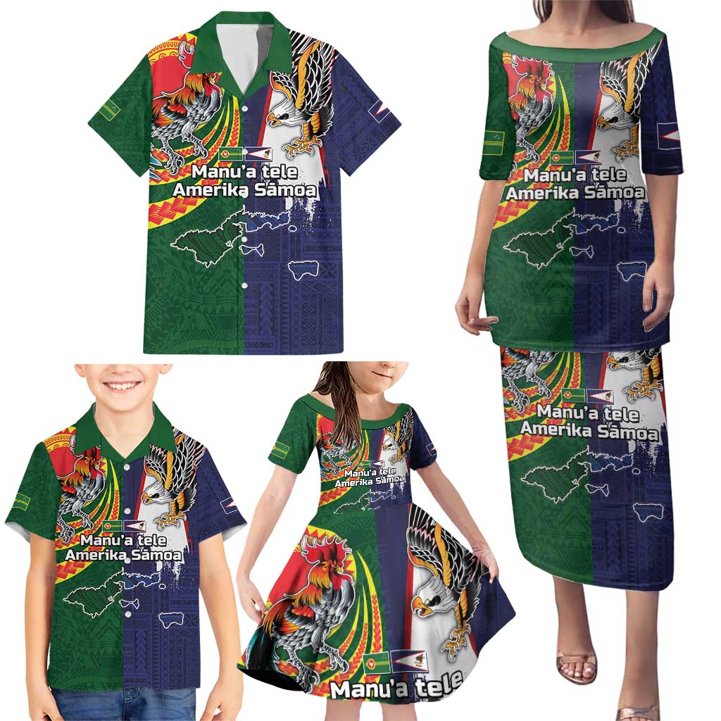 Manuʻa Islands and American Samoa Together Family Matching Puletasi and Hawaiian Shirt Rooster and Eagle Mascot National Map and Flag Style