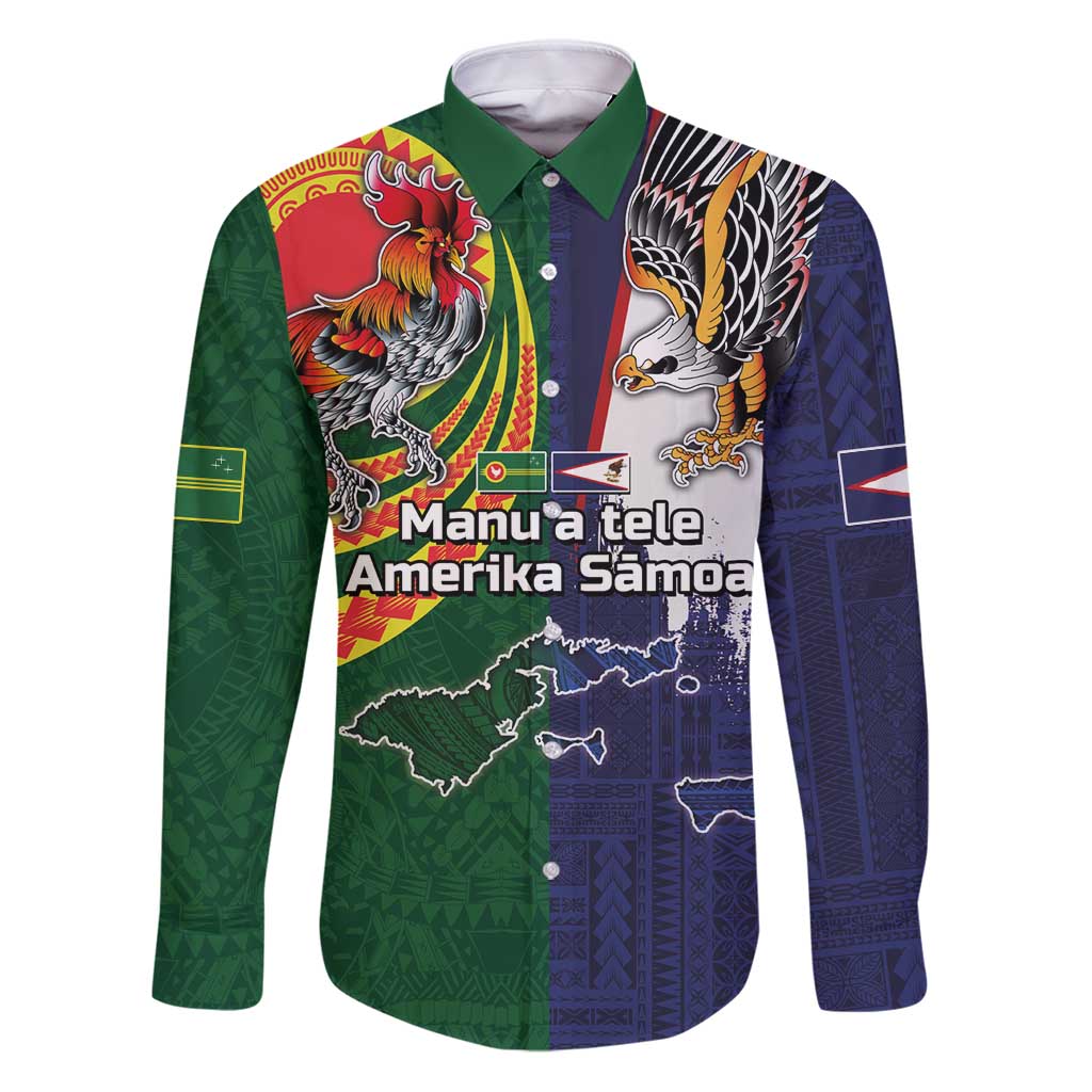 Manuʻa Islands and American Samoa Together Family Matching Puletasi and Hawaiian Shirt Rooster and Eagle Mascot National Map and Flag Style LT03 Dad's Shirt - Long Sleeve Green - Polynesian Pride