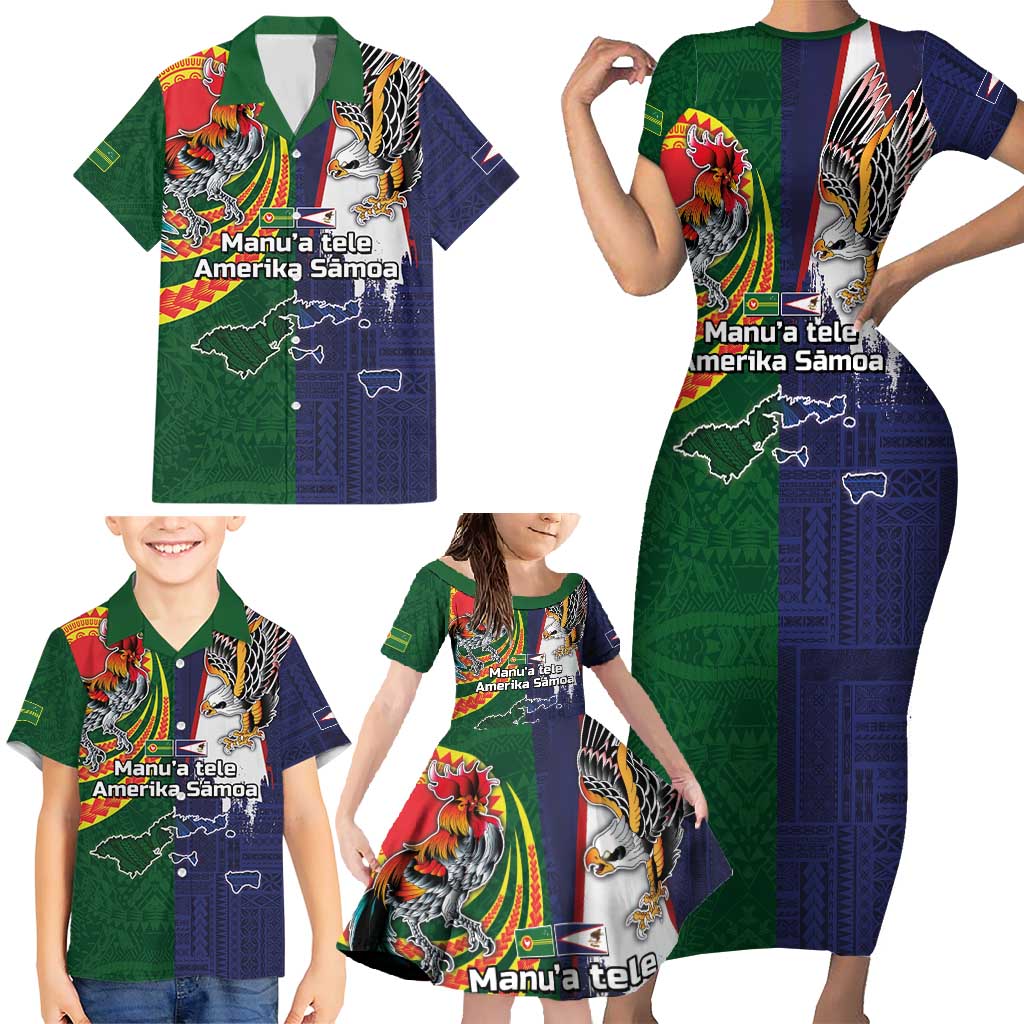 Manuʻa Islands and American Samoa Together Family Matching Short Sleeve Bodycon Dress and Hawaiian Shirt Rooster and Eagle Mascot National Map and Flag Style LT03 - Polynesian Pride