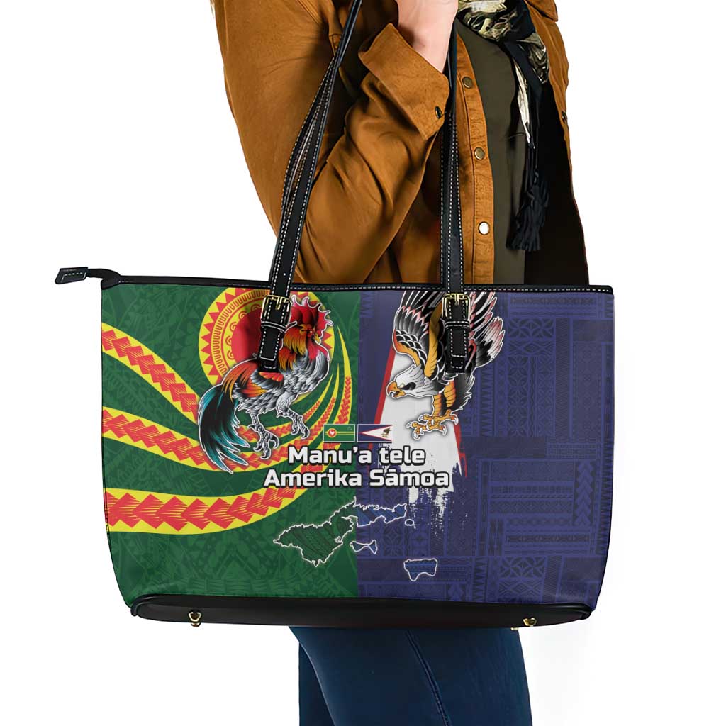 Manuʻa Islands and American Samoa Together Leather Tote Bag Rooster and Eagle Mascot National Map and Flag Style