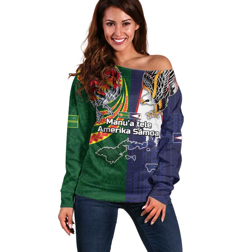 Manuʻa Islands and American Samoa Together Off Shoulder Sweater Rooster and Eagle Mascot National Map and Flag Style