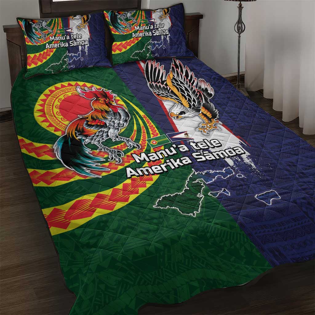 Manuʻa Islands and American Samoa Together Quilt Bed Set Rooster and Eagle Mascot National Map and Flag Style