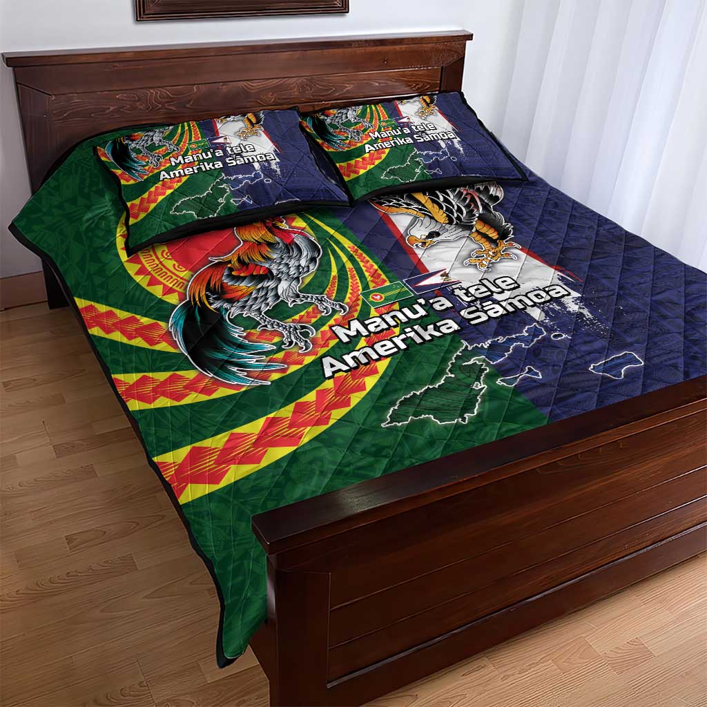Manuʻa Islands and American Samoa Together Quilt Bed Set Rooster and Eagle Mascot National Map and Flag Style