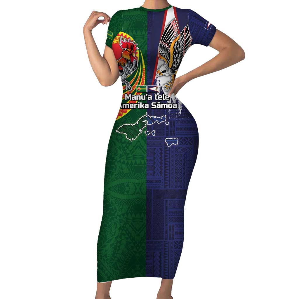 Manuʻa Islands and American Samoa Together Short Sleeve Bodycon Dress Rooster and Eagle Mascot National Map and Flag Style