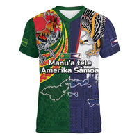 Manuʻa Islands and American Samoa Together Women V-Neck T-Shirt Rooster and Eagle Mascot National Map and Flag Style