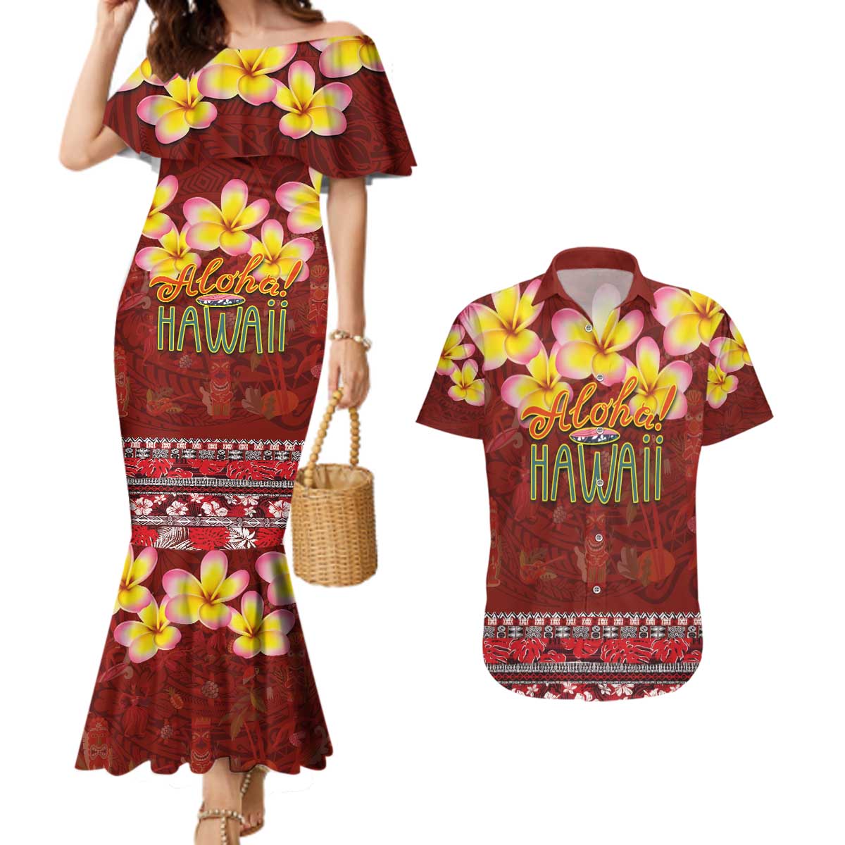 Aloha Plumeria Flowers Couples Matching Mermaid Dress and Hawaiian Shirt With Hawaiian Style Tapa Tribal LT03 Red - Polynesian Pride