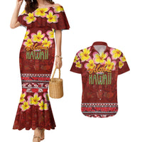 Aloha Plumeria Flowers Couples Matching Mermaid Dress and Hawaiian Shirt With Hawaiian Style Tapa Tribal LT03 Red - Polynesian Pride