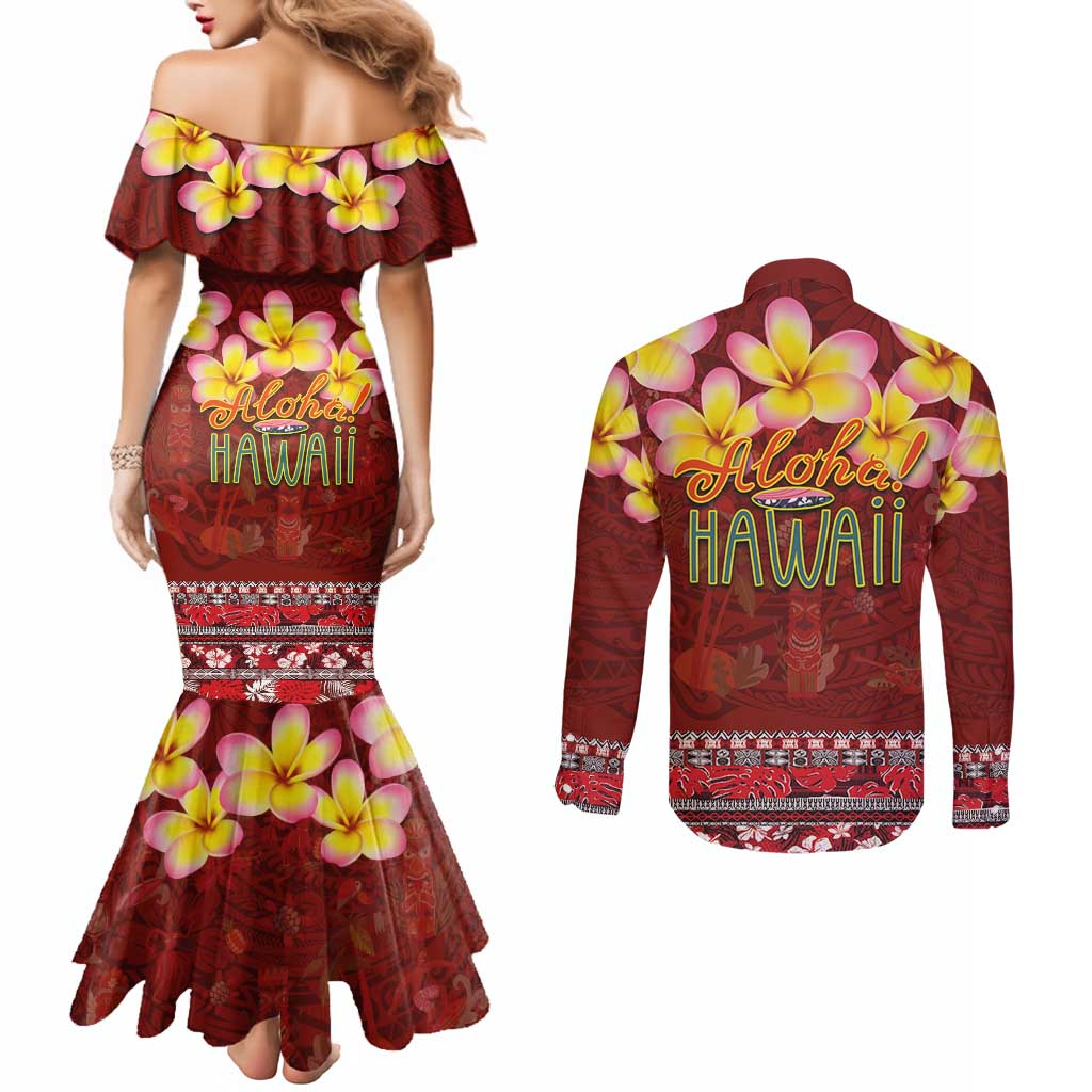 Aloha Plumeria Flowers Couples Matching Mermaid Dress and Long Sleeve Button Shirt With Hawaiian Style Tapa Tribal