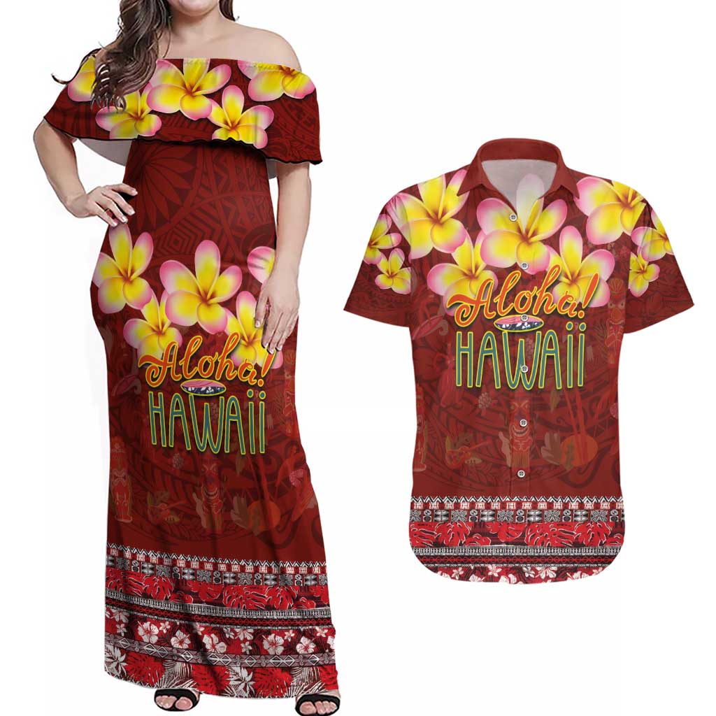 Aloha Plumeria Flowers Couples Matching Off Shoulder Maxi Dress and Hawaiian Shirt With Hawaiian Style Tapa Tribal LT03 Red - Polynesian Pride
