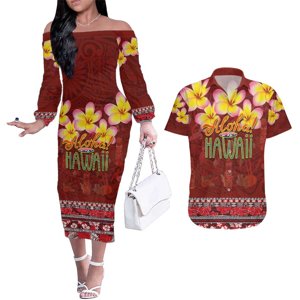 Aloha Plumeria Flowers Couples Matching Off The Shoulder Long Sleeve Dress and Hawaiian Shirt With Hawaiian Style Tapa Tribal